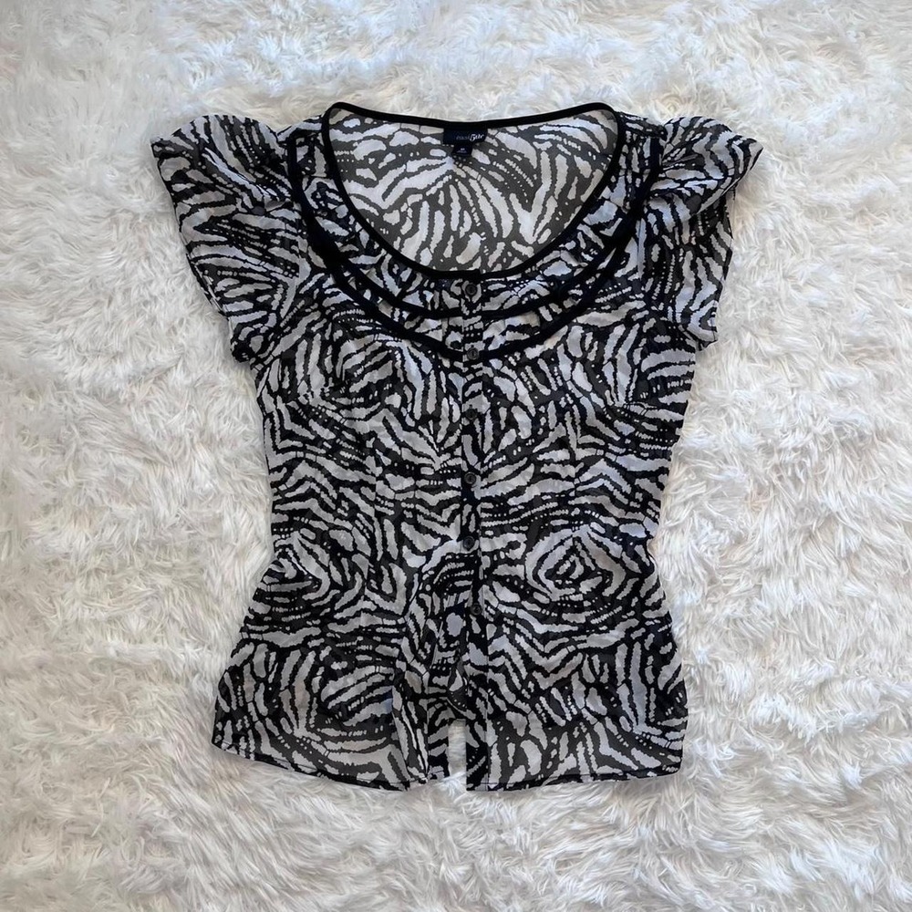 Y2K Black & White Animal Print Semi Sheer Button Up Top Medium